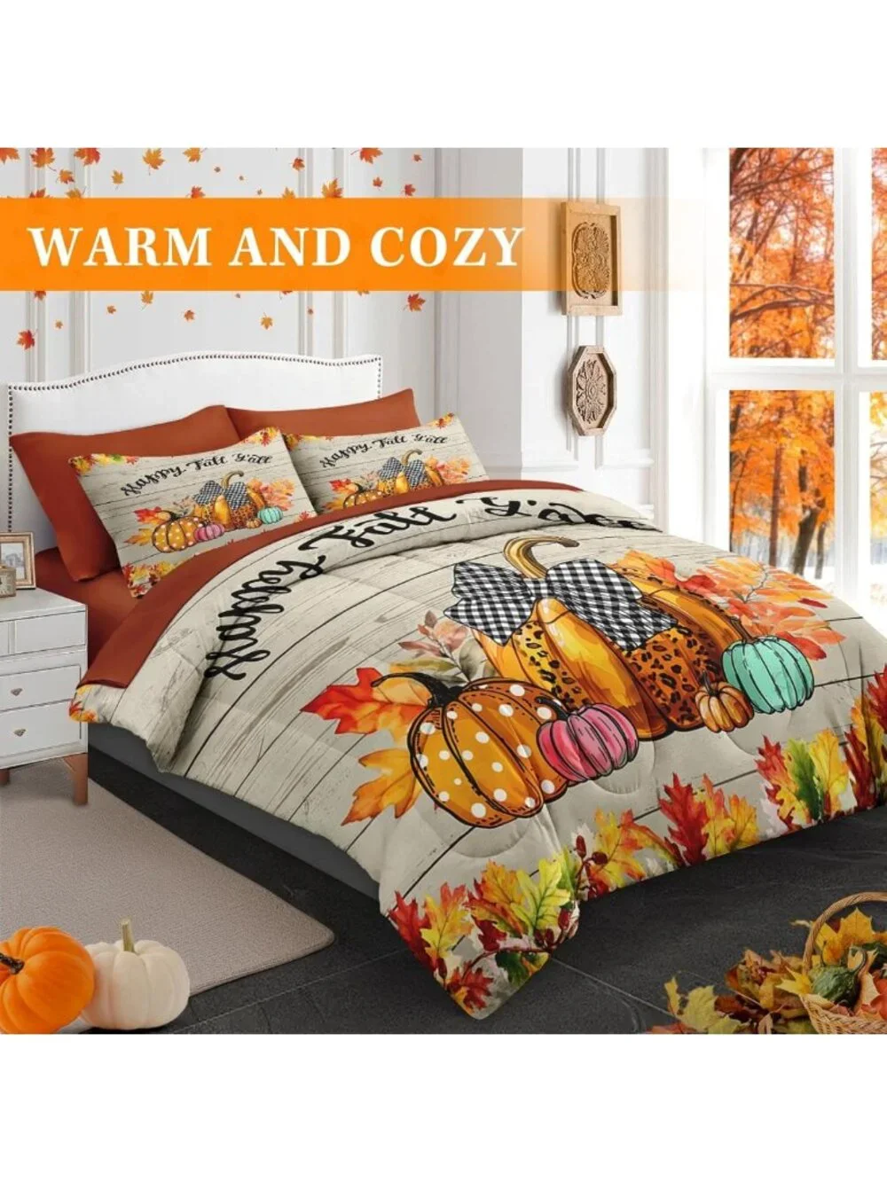 Cozy Queen Fall Comforter Set with Sheets - 7 Piece Happy Bedding Collection